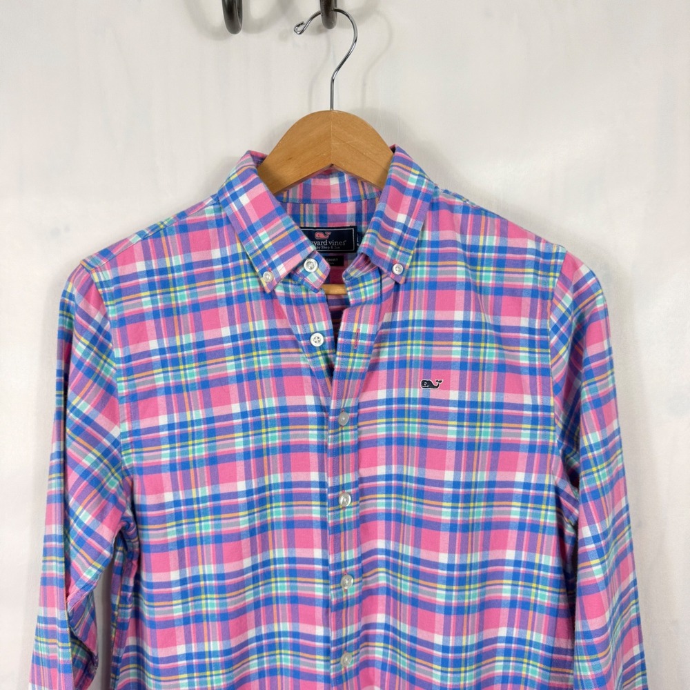 Vineyard Vines Whale Shirt Boys L(16) Pink Plaid Flannel Long Sleeve Button Down